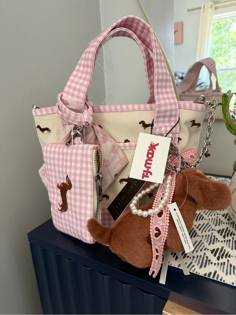 Viral Pink Gingham Dachshund Tote Bag with Plush Charm